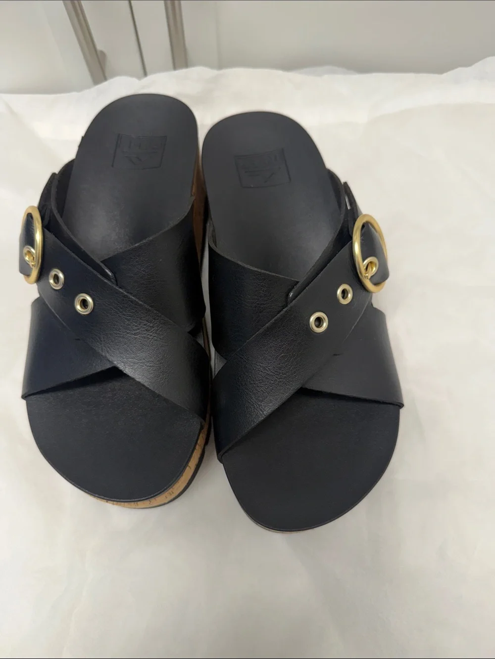 Reef Vista higher Gia Black Cork Platform Slide with Gold Buckle NWOT